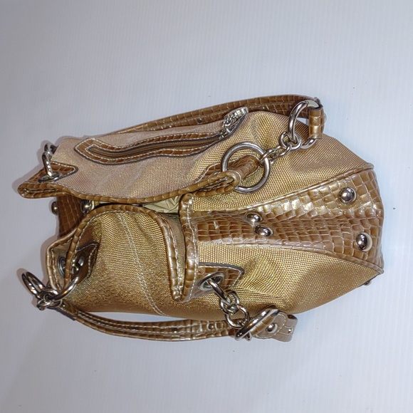 🐰☮VINTAGE☮ KATHY VAN ZEELAND Gold Fabric/Croc Leather Hobo - Picture 10 of 13